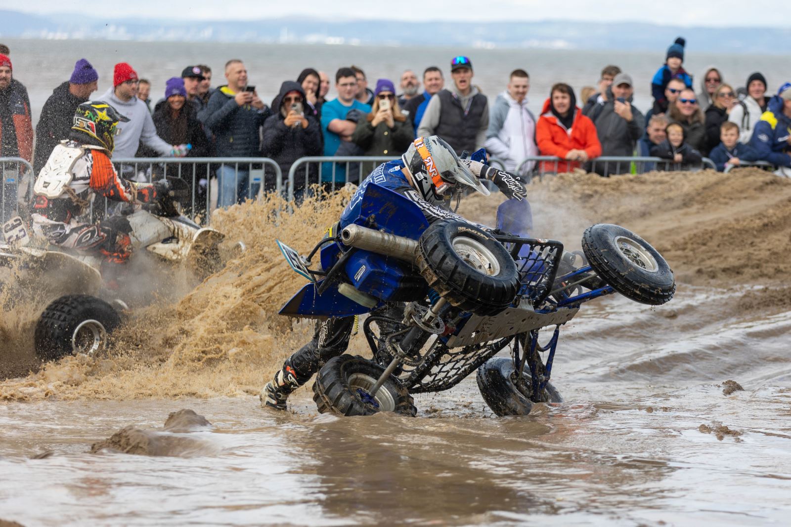 A rider in the Weston-super-Mare Beach Race tries to dig his machine out of the puddles and sand