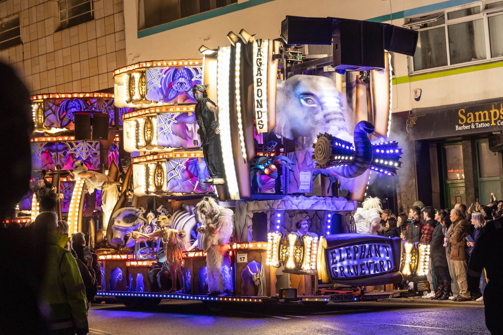 A giant cart at the Weston-super-Mare Carnival featuring a large model elephant at the front