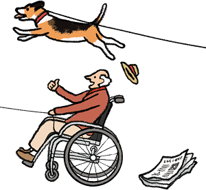 Illustration of a dog and a man in a wheelchair